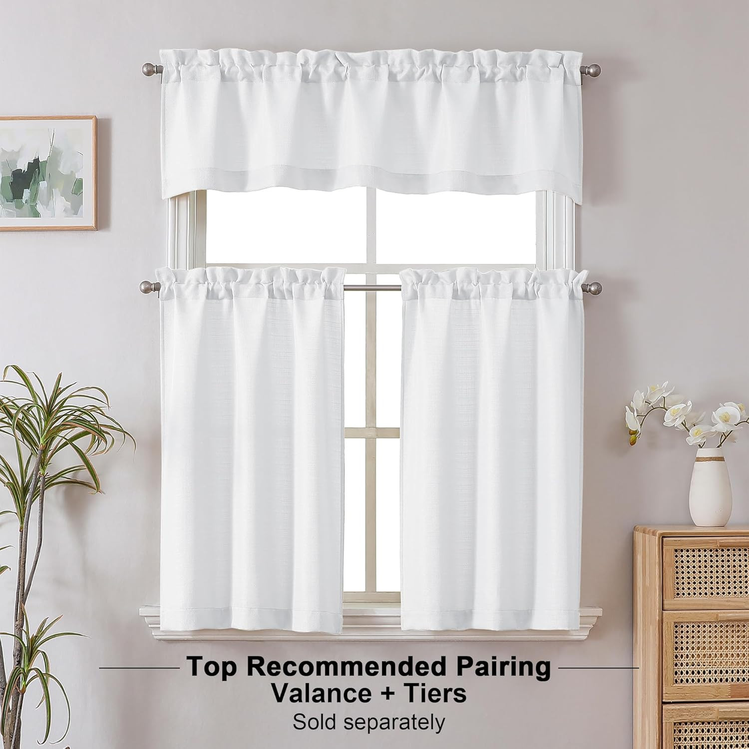 2 Panels White Kitchen Curtains 36 Inch Length Tier Curtain, Faux Linen Textured