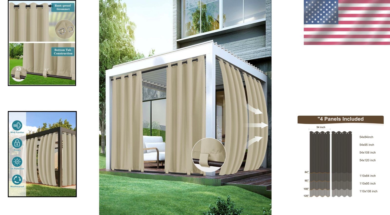 4-Panel Cream Outdoor Curtains – Waterproof & Windproof for Gazebo & Porch Decor
