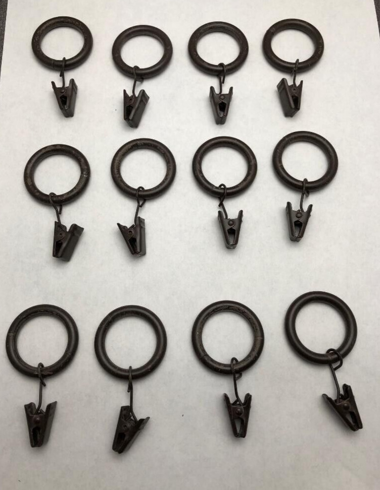 12 Bronze/Dark Brown Curtain Rings With Metal Clips Drapery Rod – 1″ inside diam
