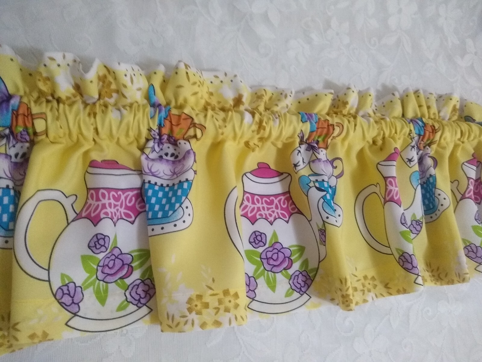 Teapot Kitchen Valance 12″ & 14″ Teacup Prints Teatime Lined Kitchen Valance