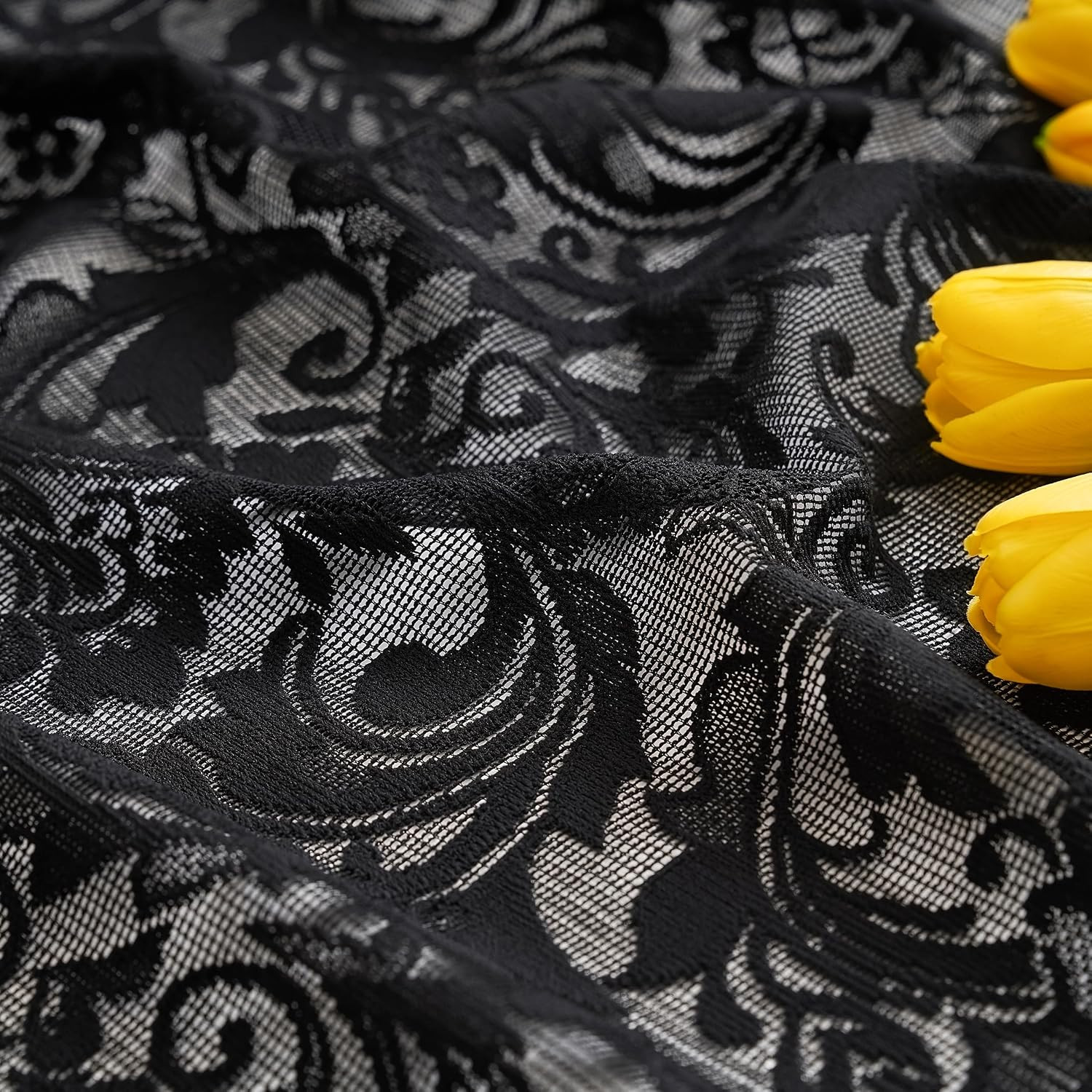 Black Lace Curtains Short 54 Inch Length – Gothic Sheer Dark Floral