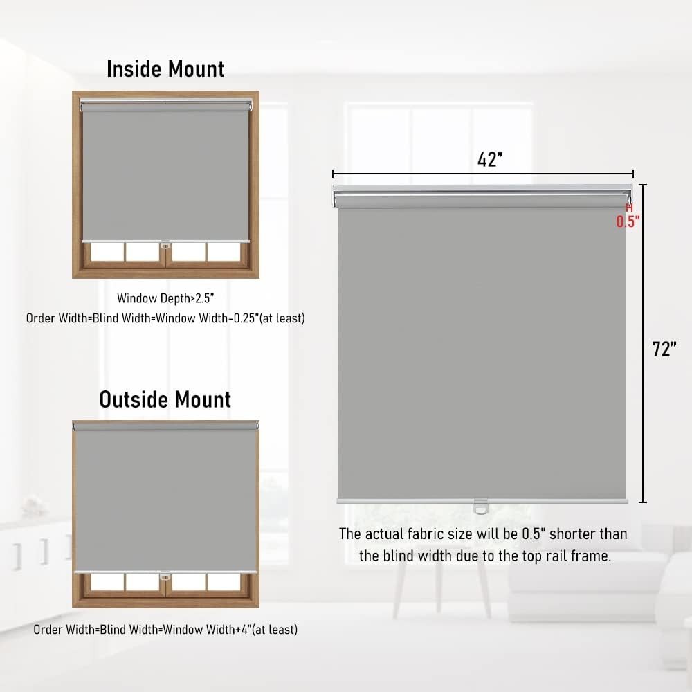 100% Blackout Cordless Roller Shades 33″ W x 72″ H – Stylish Grey for Home Decor