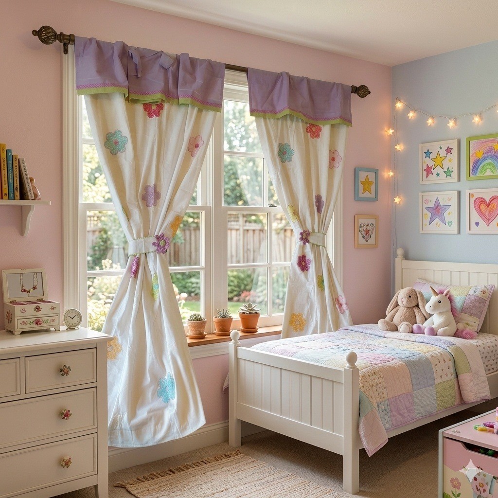 JC Penney Home Collection Flower Garden Cotton Curtains Valance Set Purple White