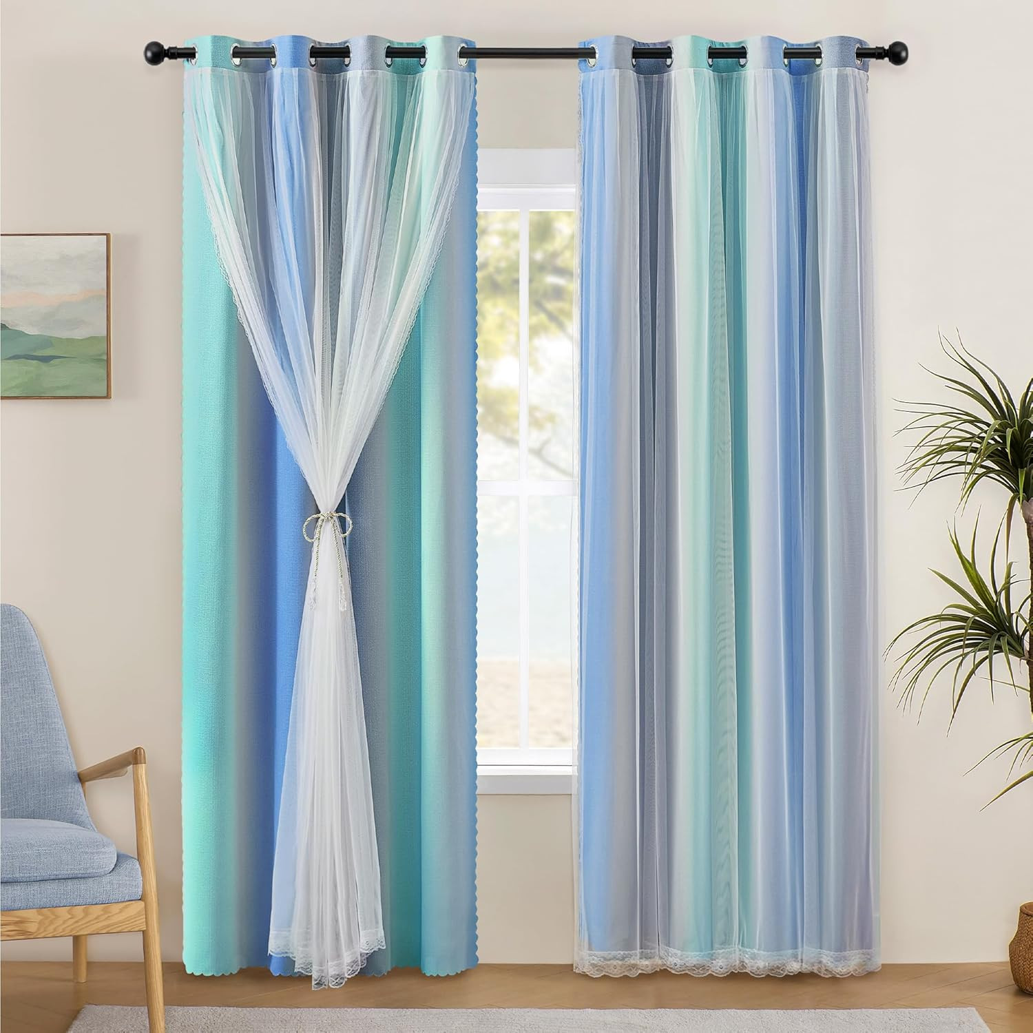 Blue Green Grey Blackout Curtains 63 Inches Long for Living Room Bedroom 2 Panel