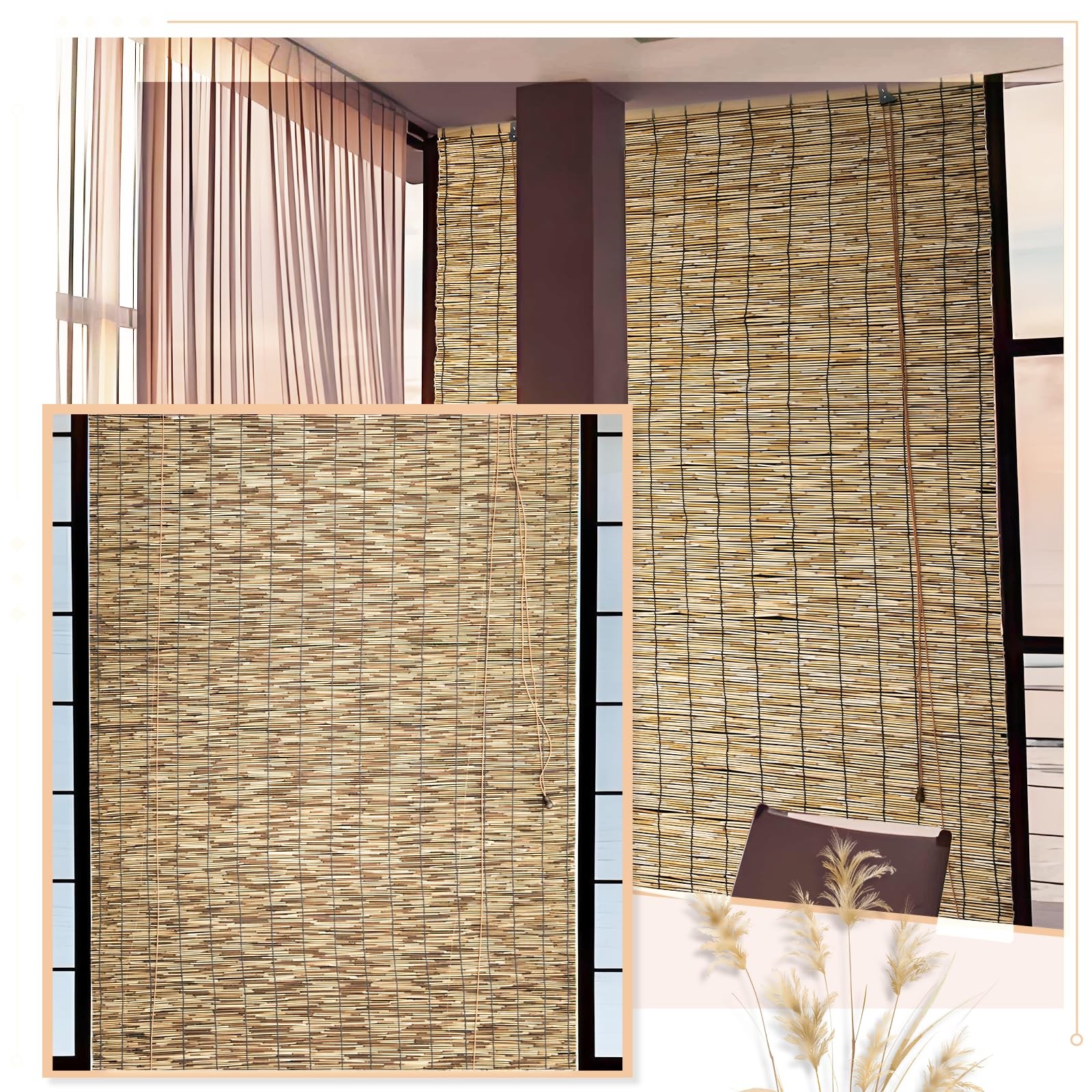 Shydzyyc Reed Roller Shades 48 W X 72 H Waterproof Privacy Screen Bamboo