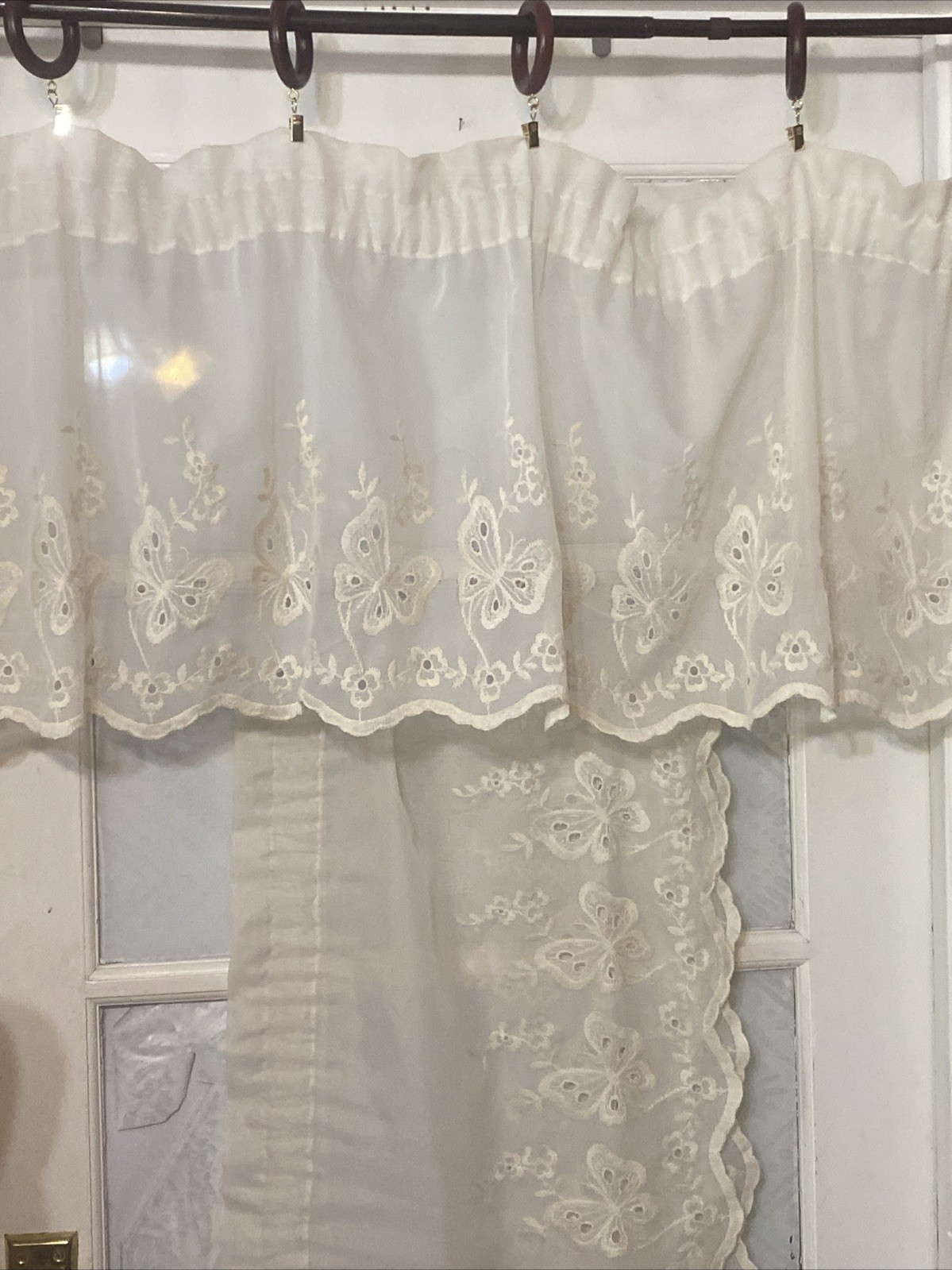 Vintage Off White Sheer Valance Set Embroidered Butterflies Cottage core France