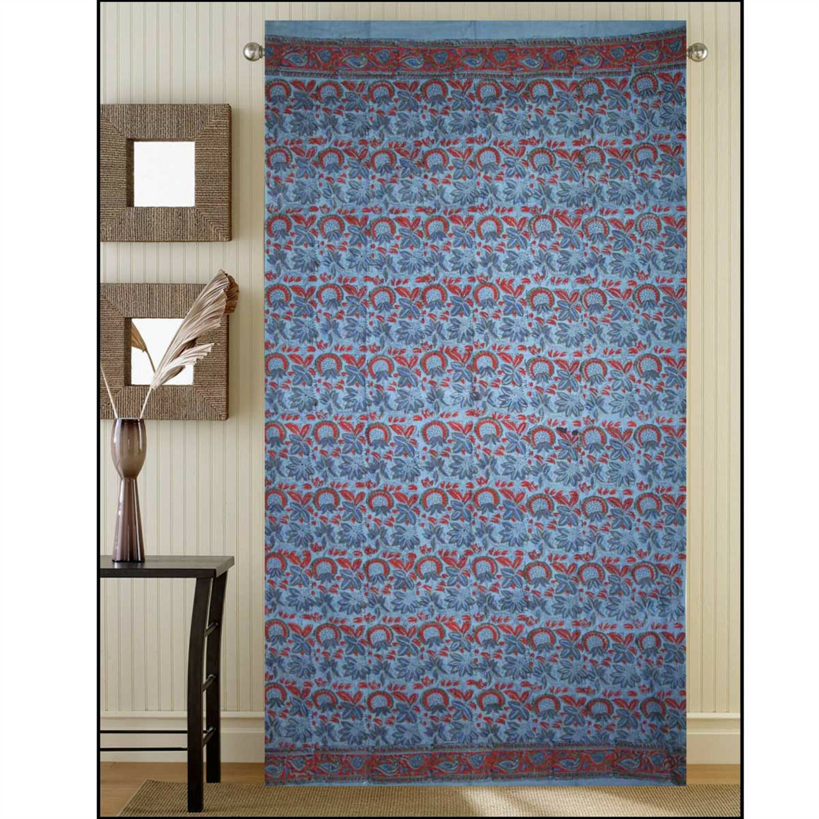 Cotton Tab Top Linen Curtain Panel, Blue Curtain, Hand Block Print Curtain Blue