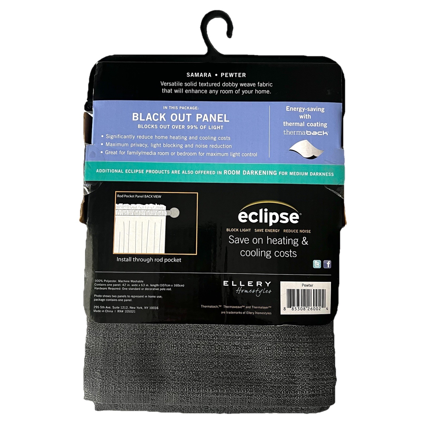 Eclipse Blackout Curtain 42 x 63” Samara Pewter Grey NEW In Package FAST SHIP