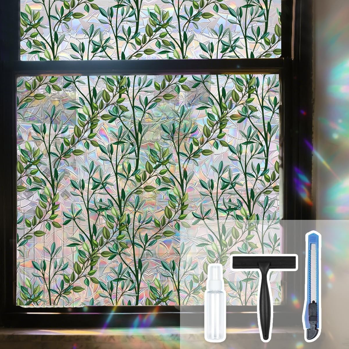 Window Privacy Film Decorative Stained Glass Window Film Green Leaves Heat & UV