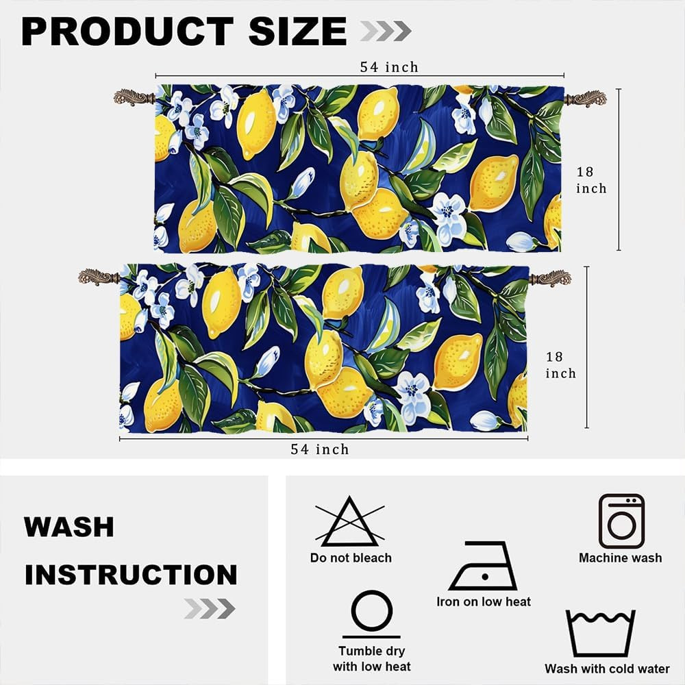2 Panel Blue Floral Yellow Lemon Window Valances, Nature Food Fruit Window Treat