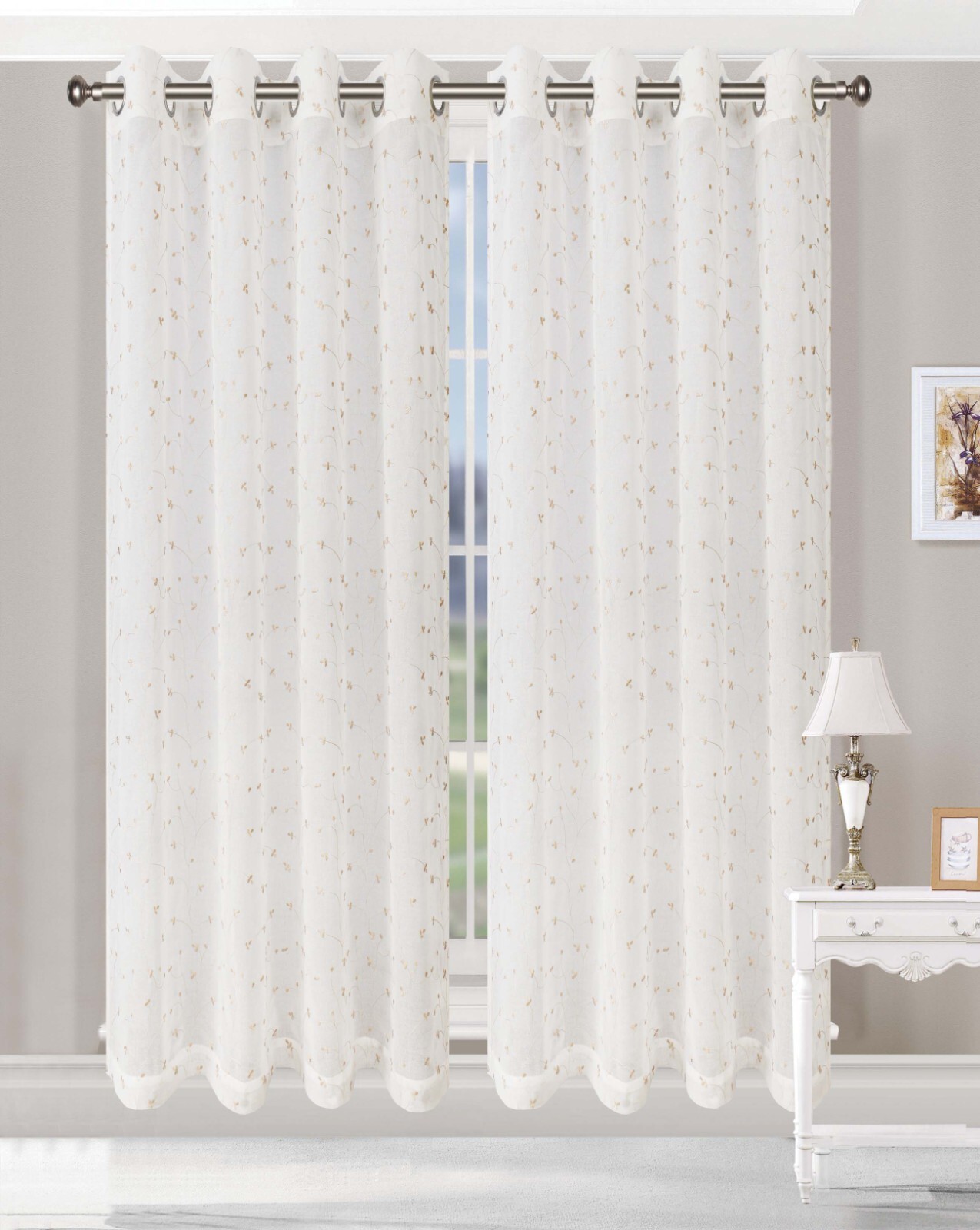 Embroidered Delicate Flower Sheer Fade Resistant Floral Curtains with 2 Panels