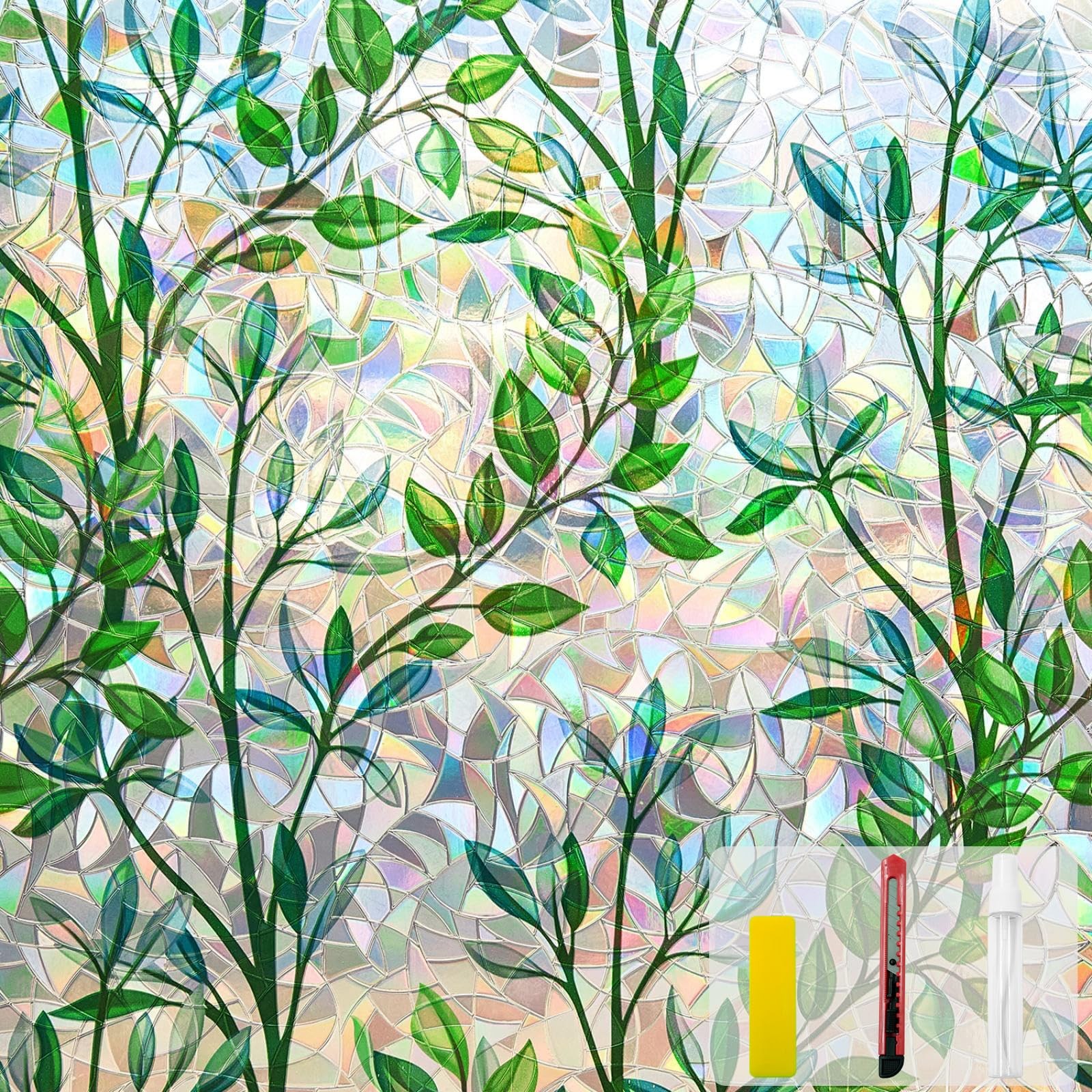 Window Privacy Film Stain Glass 17.5 X 78.7 in, Leaf Rainbow