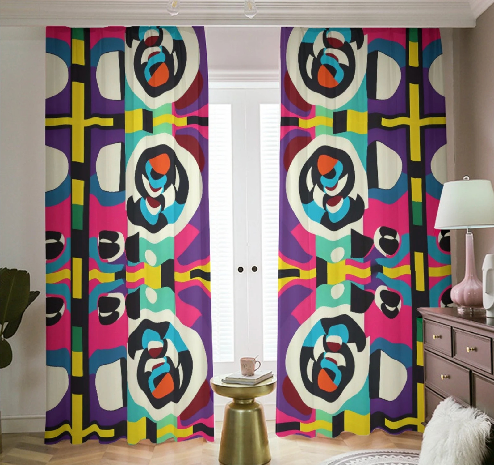 Retro Modernist Blackout Curtains Abstract Mid Century Mod Pink Black Out Shades