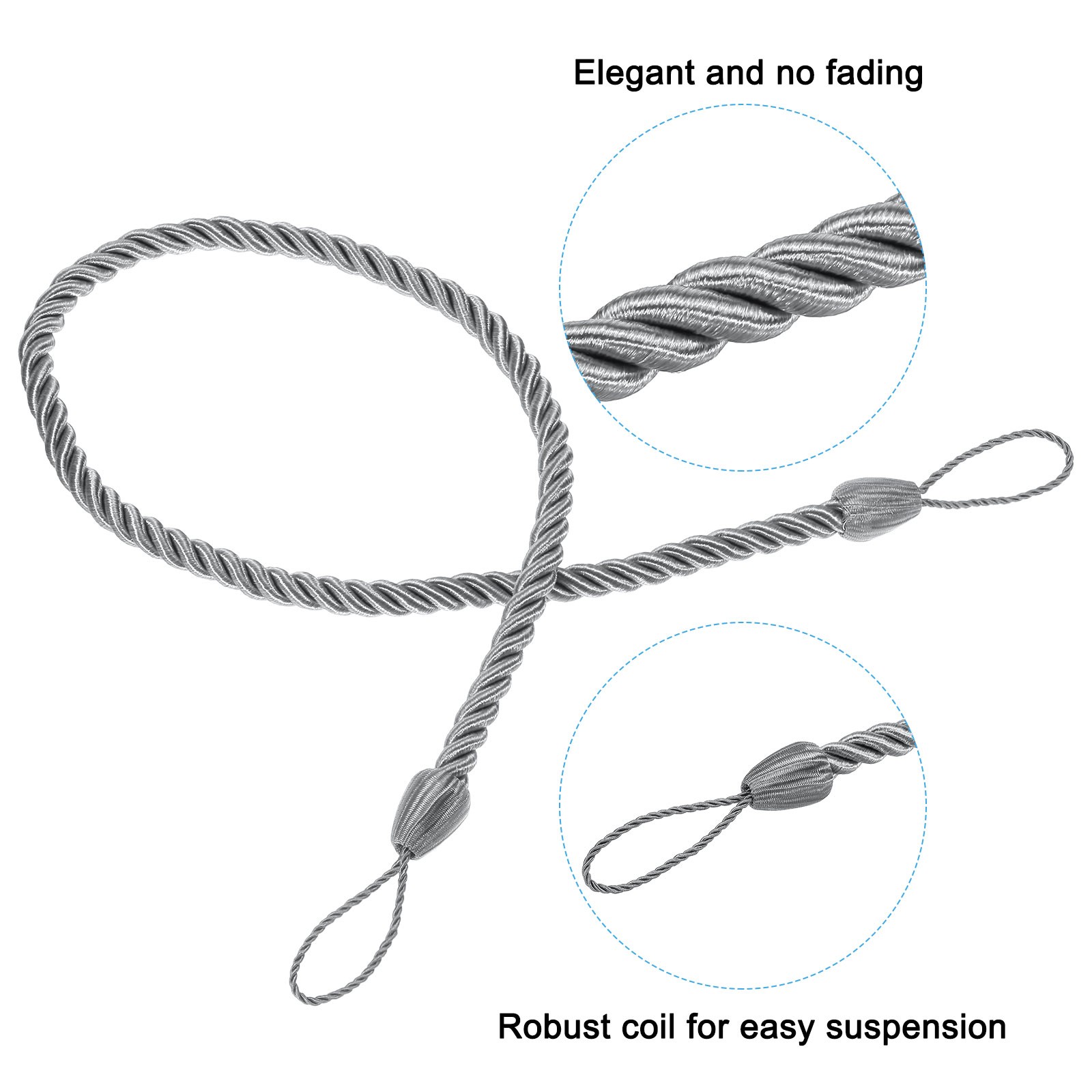2 Set Silver Gray Curtain Tiebacks Ropes Braided Curtain Holdback