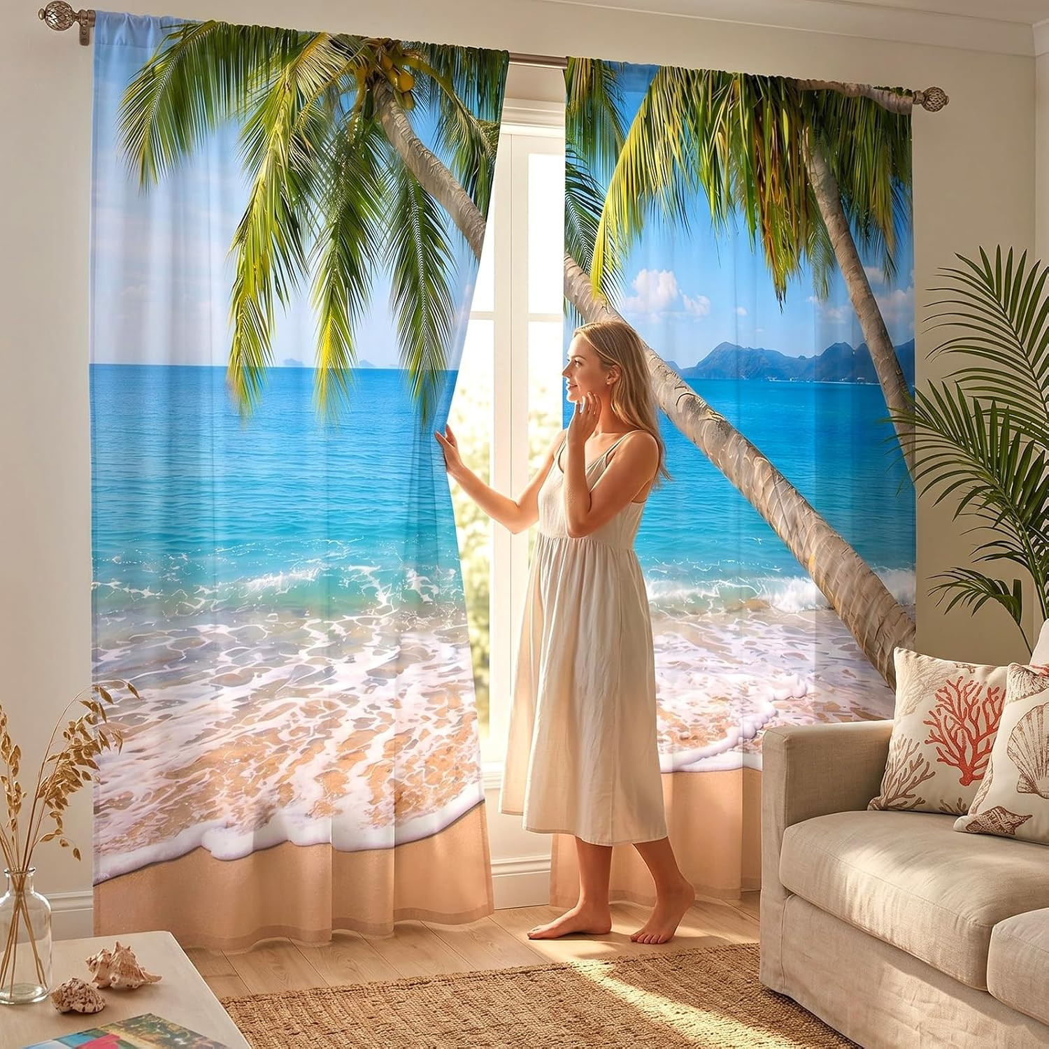 Tropical Beach Palm Tree Window Curtains 2 Panel Set 52 x 84 Inch Polyester