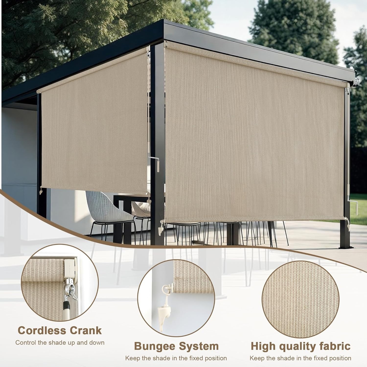 Cordless Outdoor Shades 96×96″ for Patio Privacy & UV Protection – Sesame