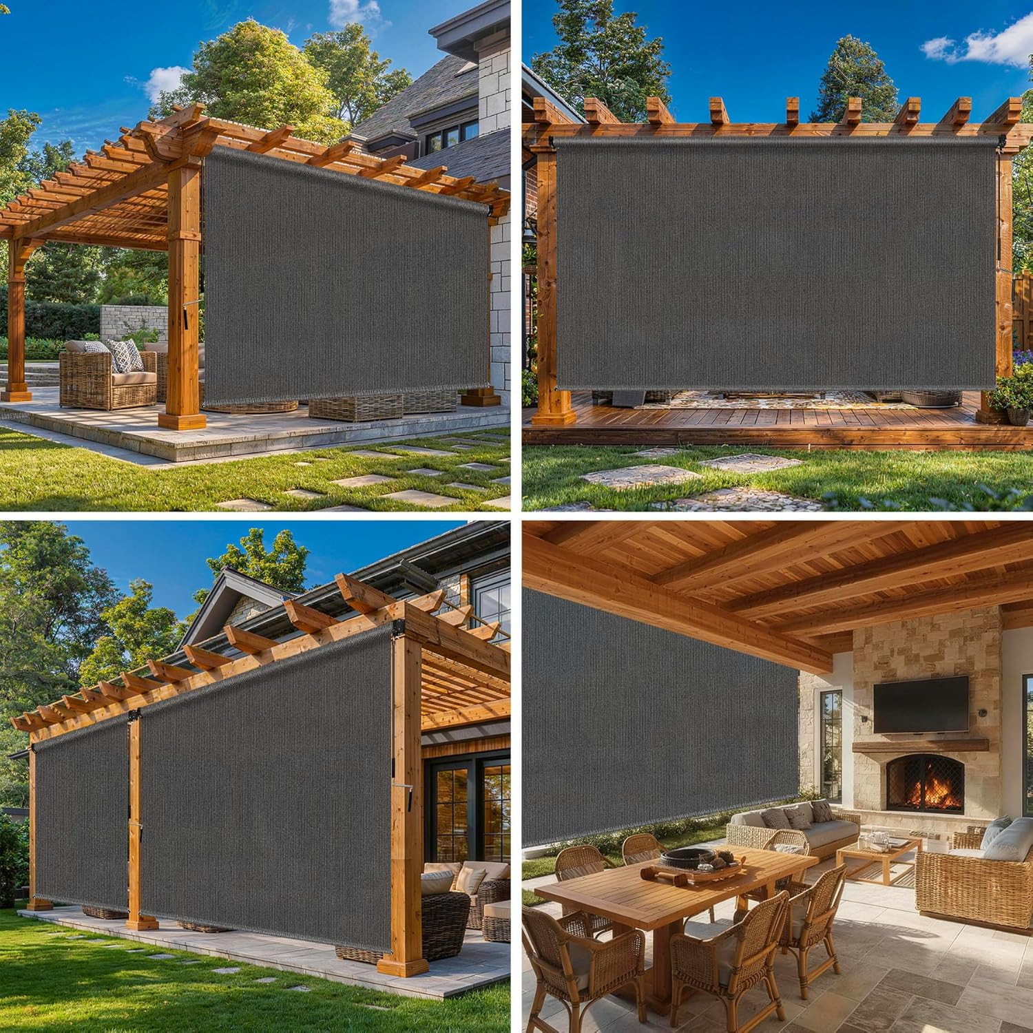 8’W X 8’H Gray Patio Shades Roll up Outdoor Roller Shade Crank Wand Blind Cordle