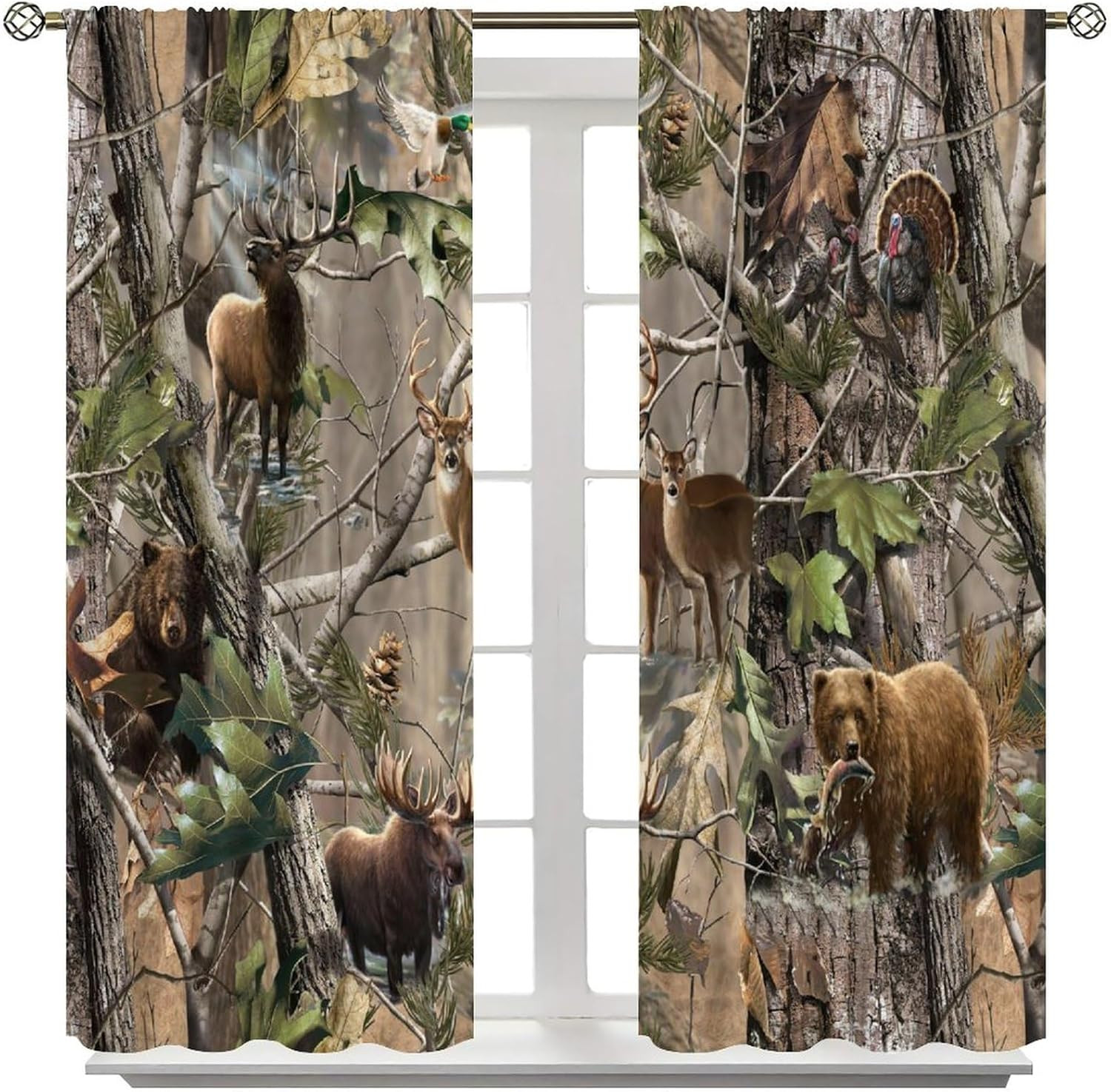 Forest Camo Blackout Curtains for Boys Room – 72″ W X 63″ L Wildlife Drapes
