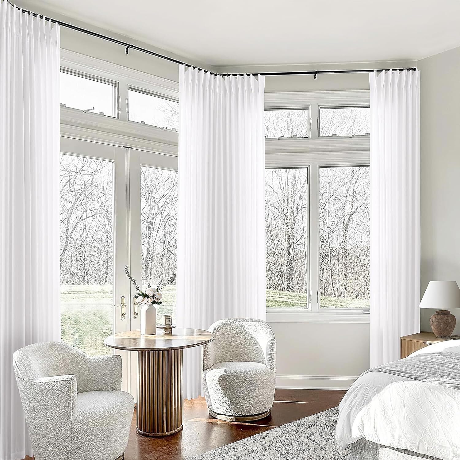 White Pinch Pleated Linen Curtains 96 Inches Long for Living Room Bedroom Cotton