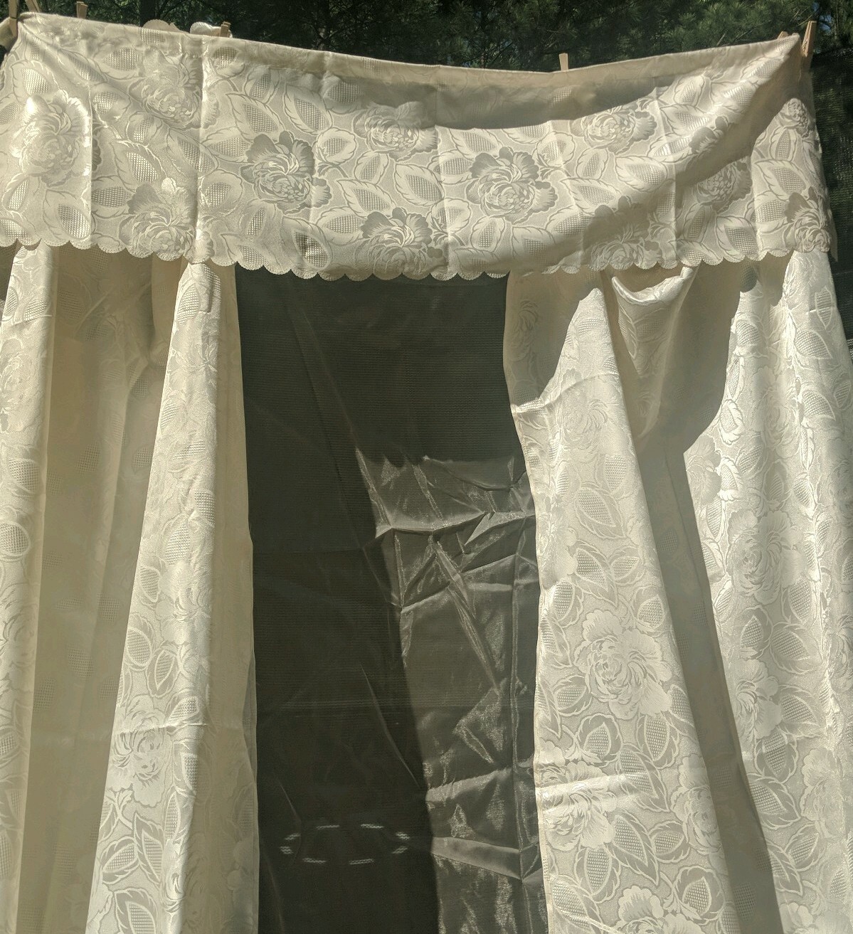 Vintage Fabric Cabbage Rose Curtain Panel Fabric AMAZING! Handmade? Satin? (24A)