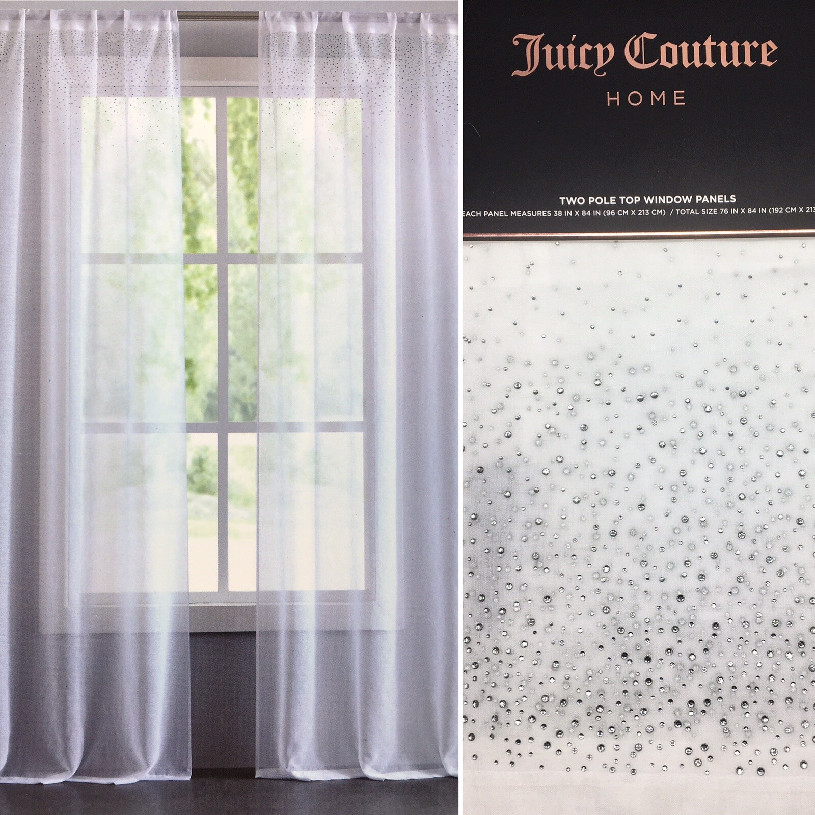 2 Juicy Couture Rhinestone White Sheer Rod Pocket Window Panels Curtain 76×84