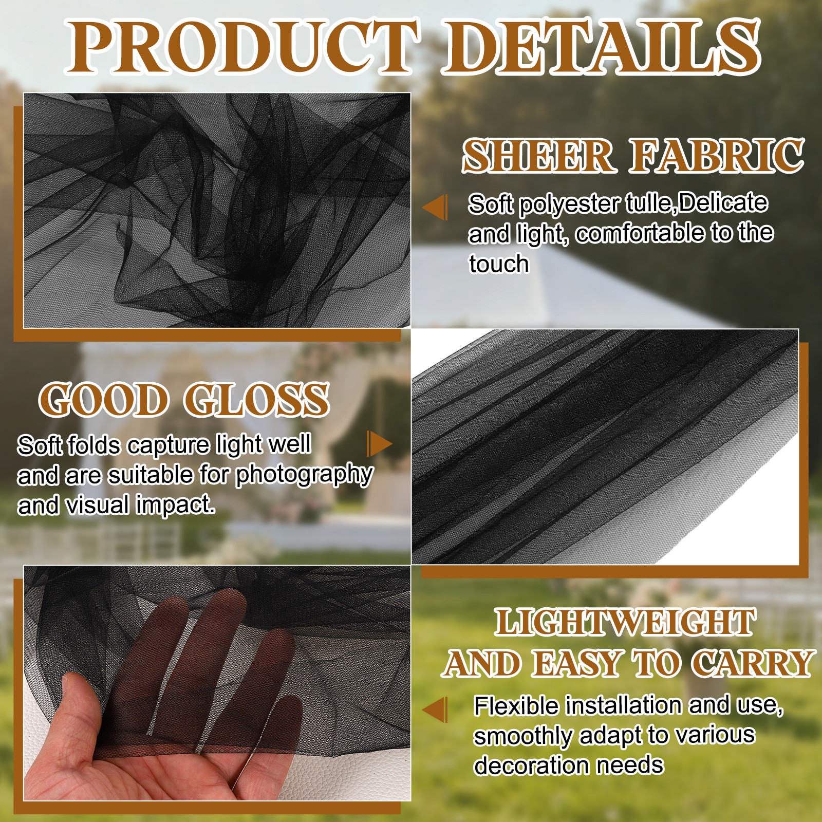 Wedding Arch Draping Fabric 32”x33Ft Sheer Drapes Chiffon Fabric Black