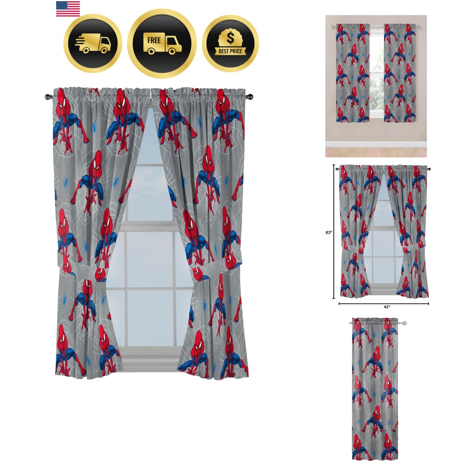 Window Curtains for Kids Bedroom 4-Piece Drape Set with 2 Tiebacks, Grey – Sp…