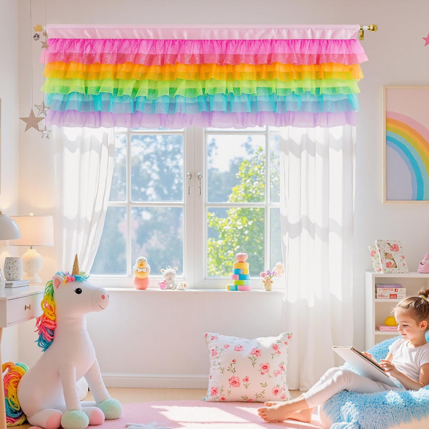 Rainbow Valance Curtains Girls Valances for Kids Bedroom Unicorn Window Kids Bab