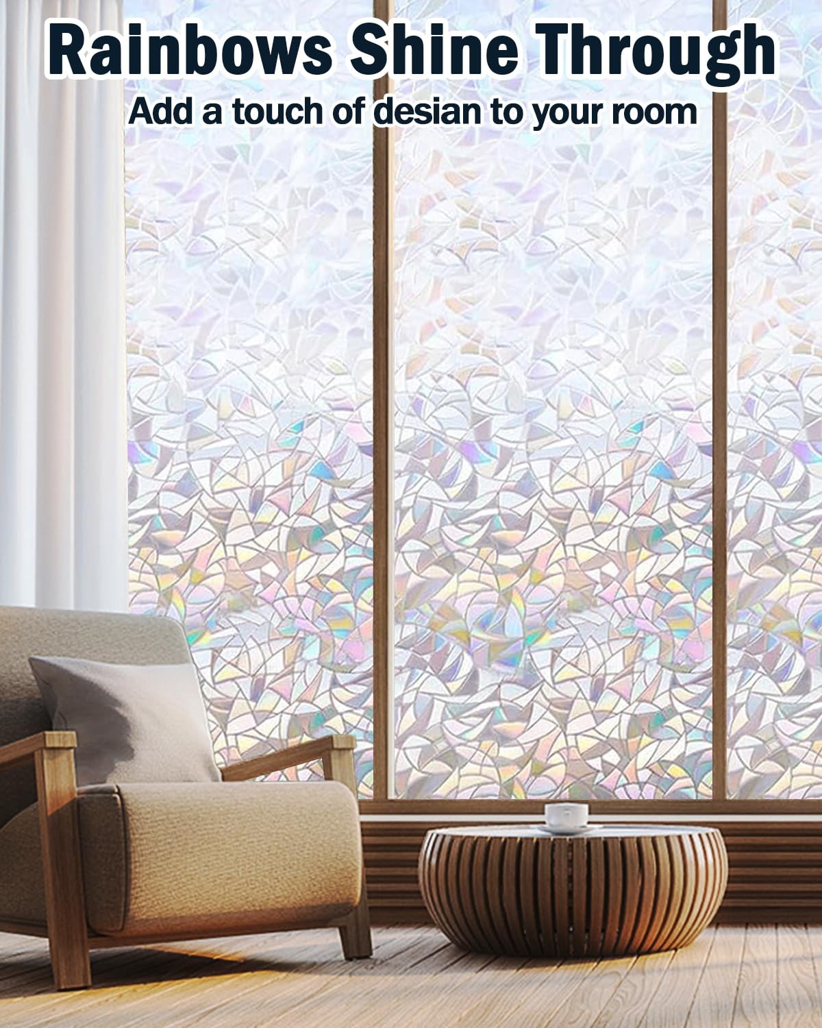 Rainbow Window Privacy Film with Installation Tools, 3D Decorative, Stained G…