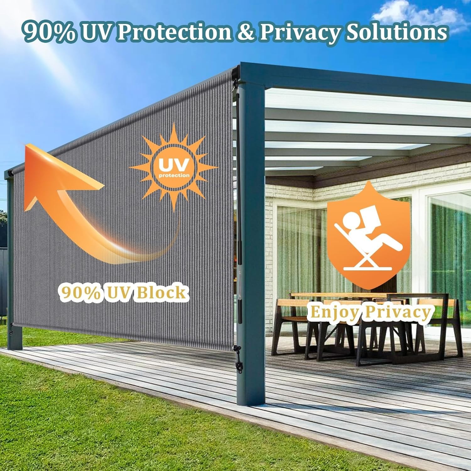 Versatile Gray Outdoor Roller Shades, 8′ W x 8′ H Cordless for Decks & Balconies