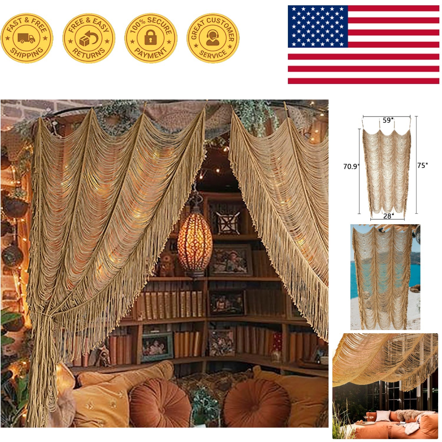 59″ W x 75″ H Semi-Sheer Macrame Wall Hanging – Bohemian Style Decor