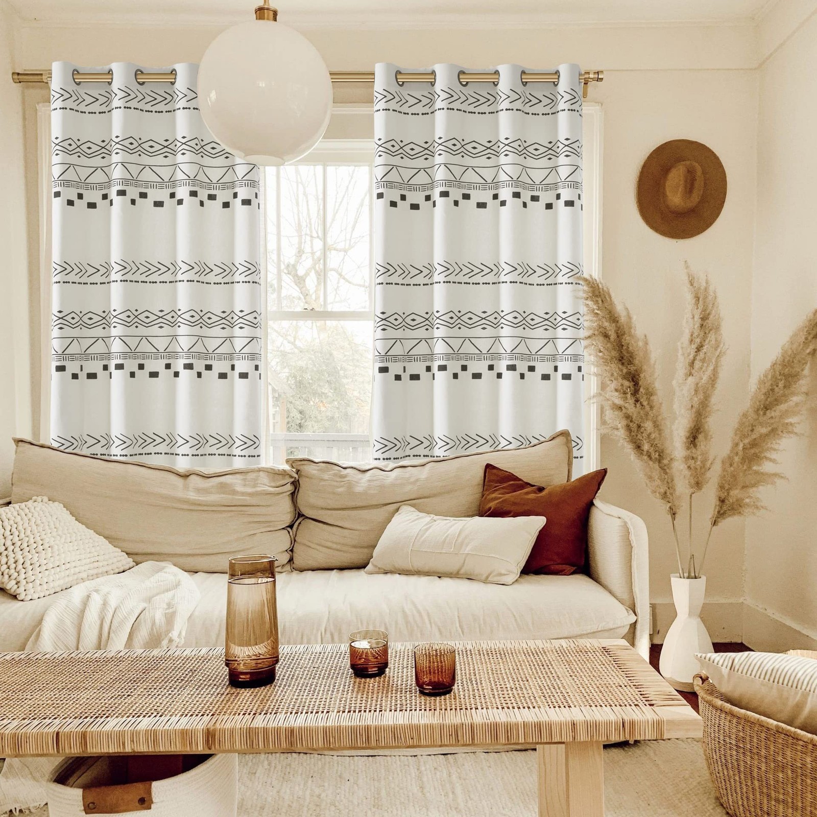 Boho Curtains 84 Inches Long for Bedroom,Mid Century Modern Cotton Canvas Semi