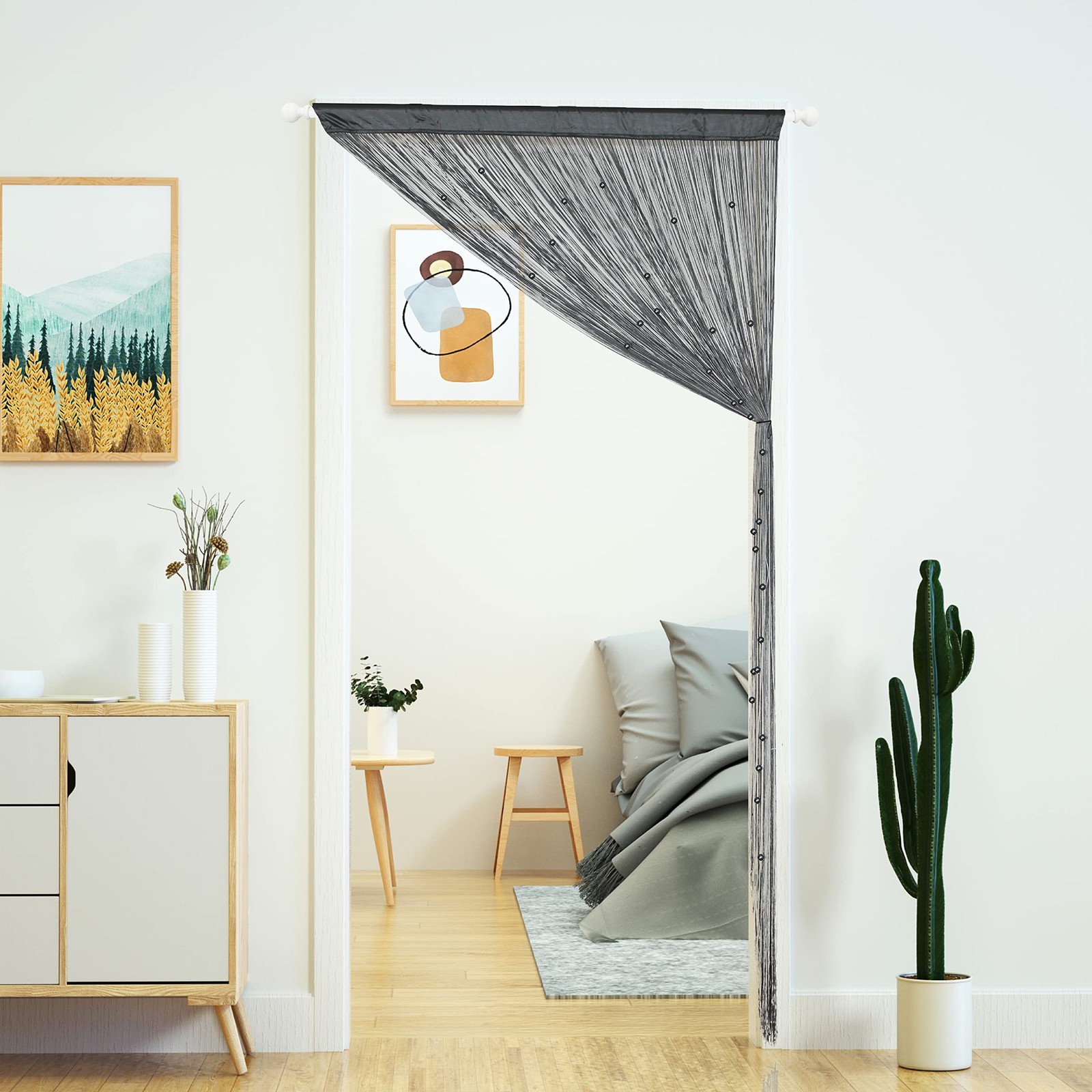 Beaded String Curtain Grey Boho Room Divider Doorway Window Privacy Panel 39×110