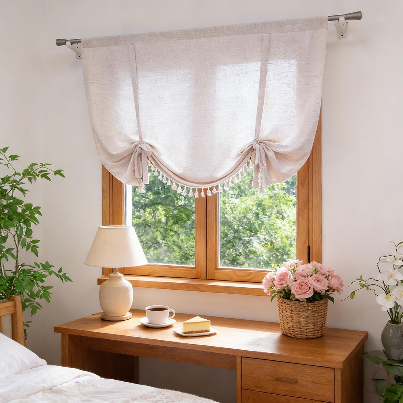 Boho Tassel Tie up Curtains Rustic Farmhouse Balloon Shades Beige Valance for Sm