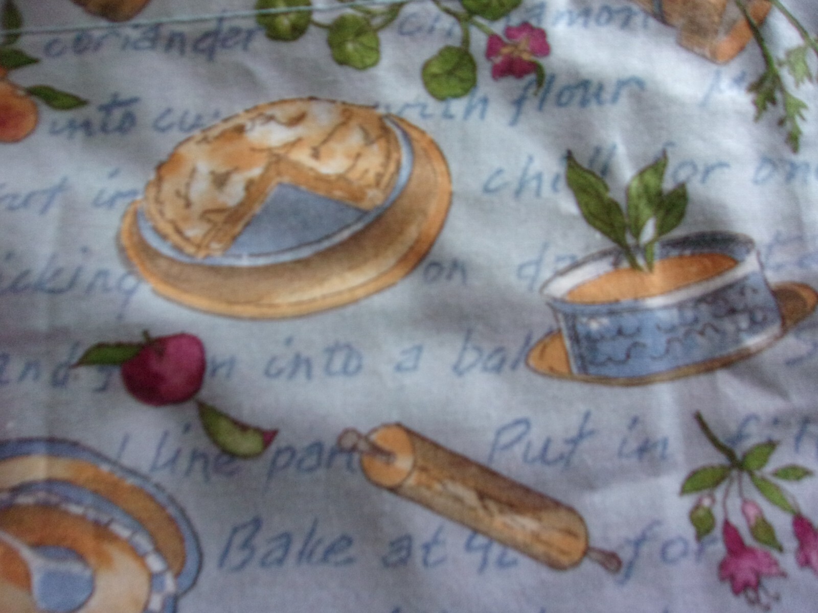 wide kitchen valance-70″; adorable food print on light blue. cotton blend.