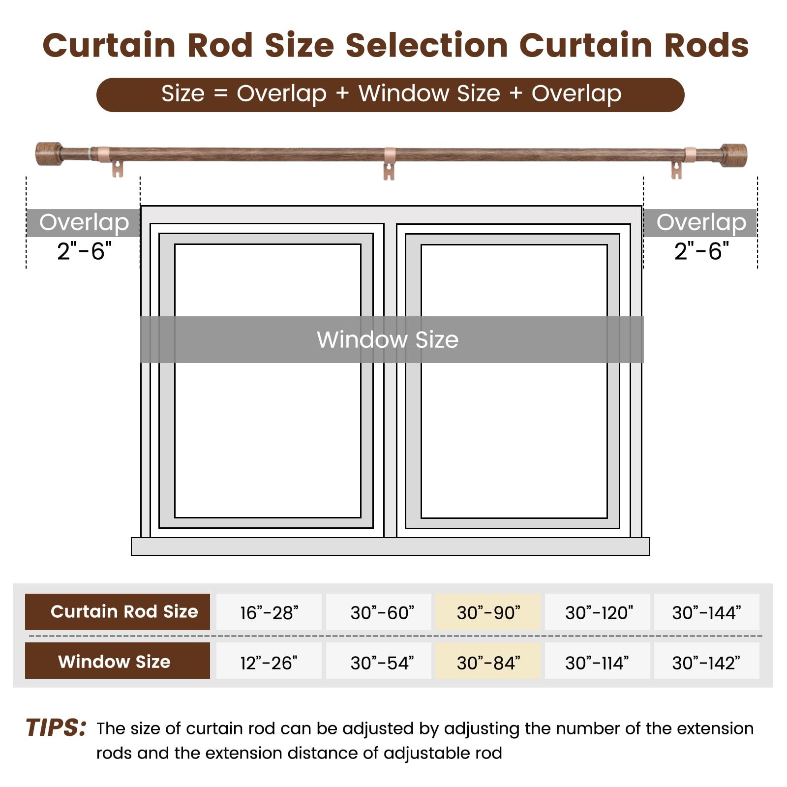 1” Diameter Curtain Rods Itself is 30 to 90 inch 2 30-90″/2 Pack, Wood Grain