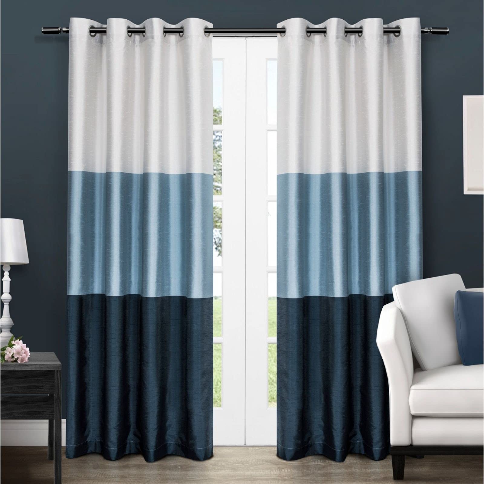 Chateau Striped Faux Silk Grommet Top Curtain Panel Pair, 54″x108″, Indigo