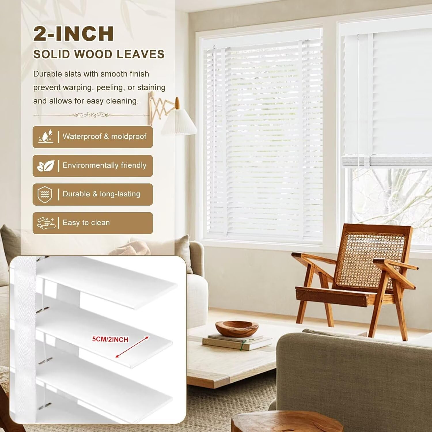 Soulitem 2 Cordless Solid Wood Blinds For Indoor Window21.5 W X 36 H Real