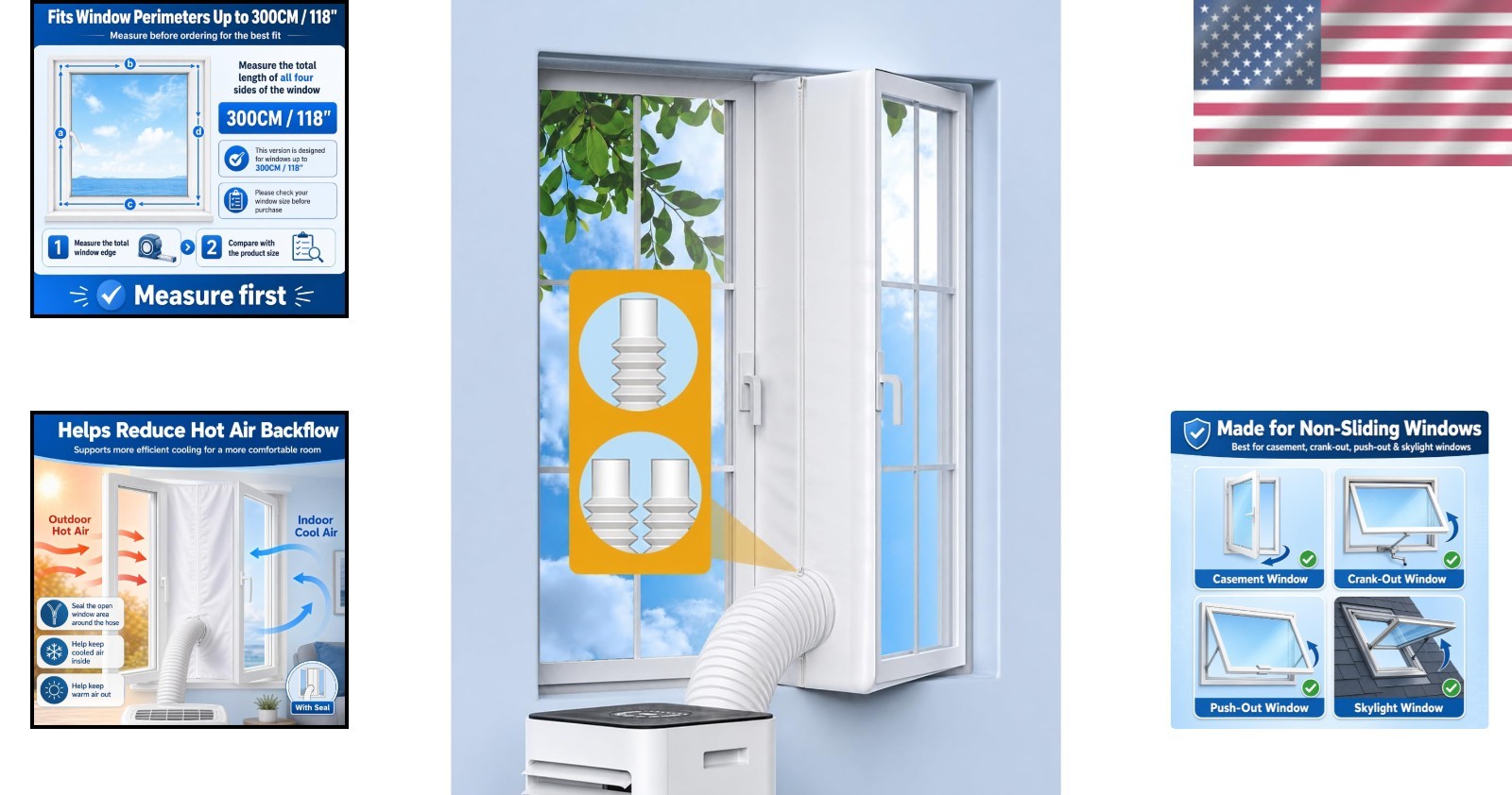 Portable AC Window Seal Kit, 300CM/118″ Waterproof No-Drill for Casement Windows