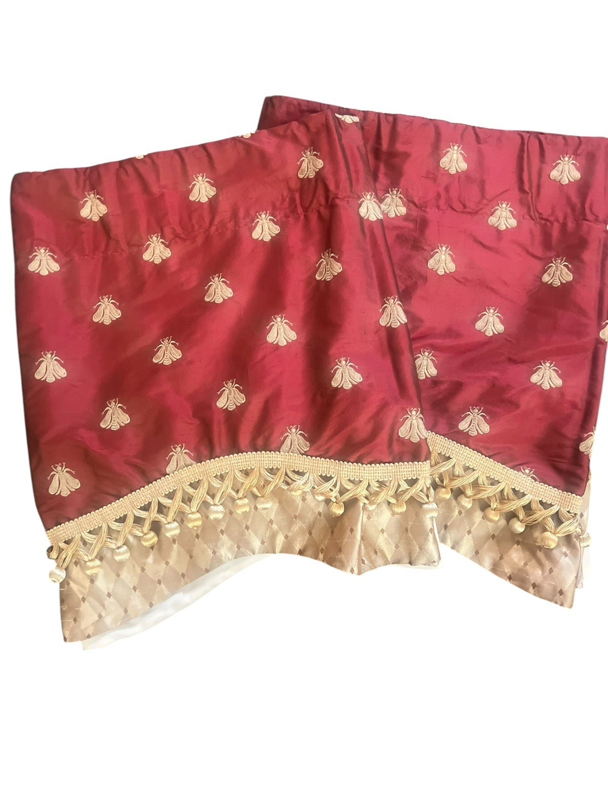 Pair Pure Silk Empire Valances Embroidered Gold Bees Scalloped Fringe 52 X 16