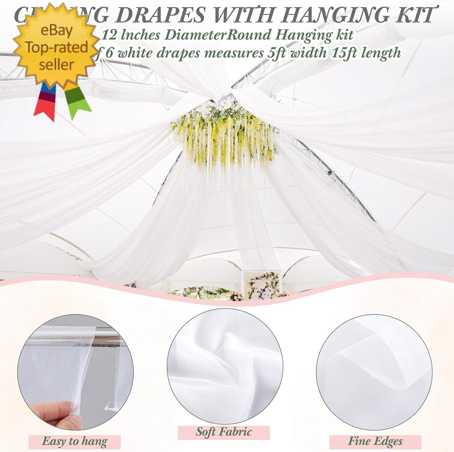 5Ft X 20Ft 6 Panels 12 Inches Ceiling Drapes Hanging Kit with Drapery- Ceiling H