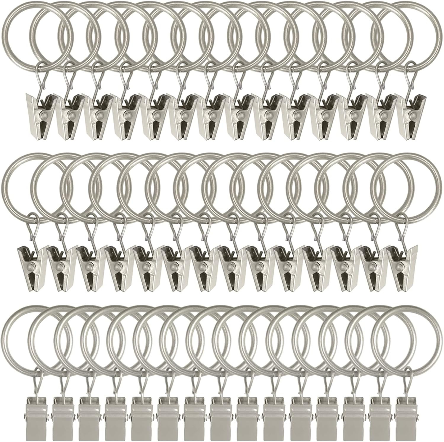 44 Pack Matte Silver Curtain Rings with Clips, Curtain Hooks Hangers Clip Rings