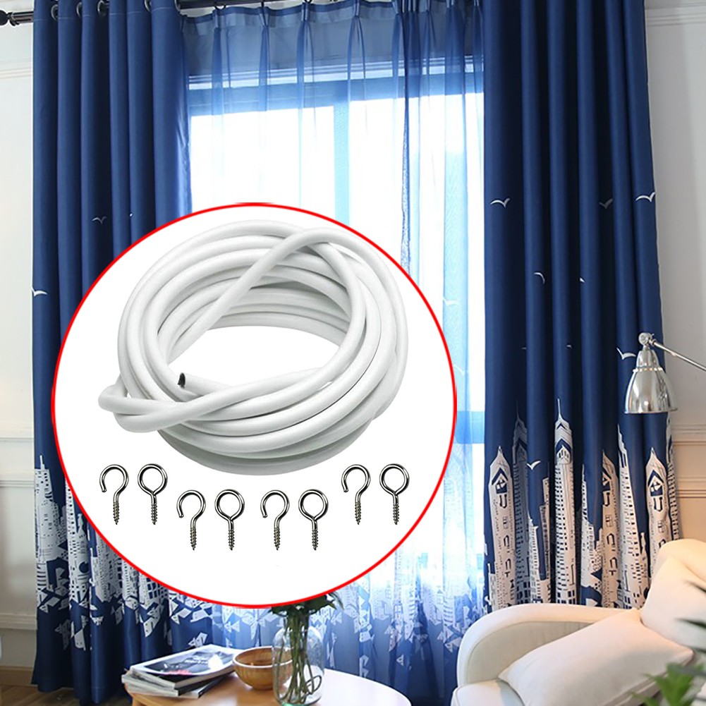 3m White Expanding Curtain Wire w/ 4 Hooks & 4 Eyes For Light Weight Curtains