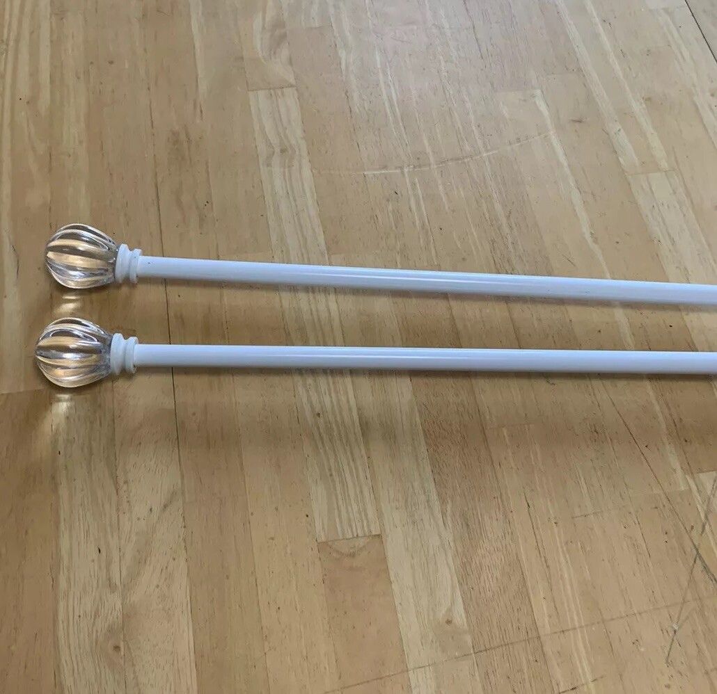 Set 2 White Metal Curtain Rods with Acrylic Cut Crystal Ball Finials to 48″