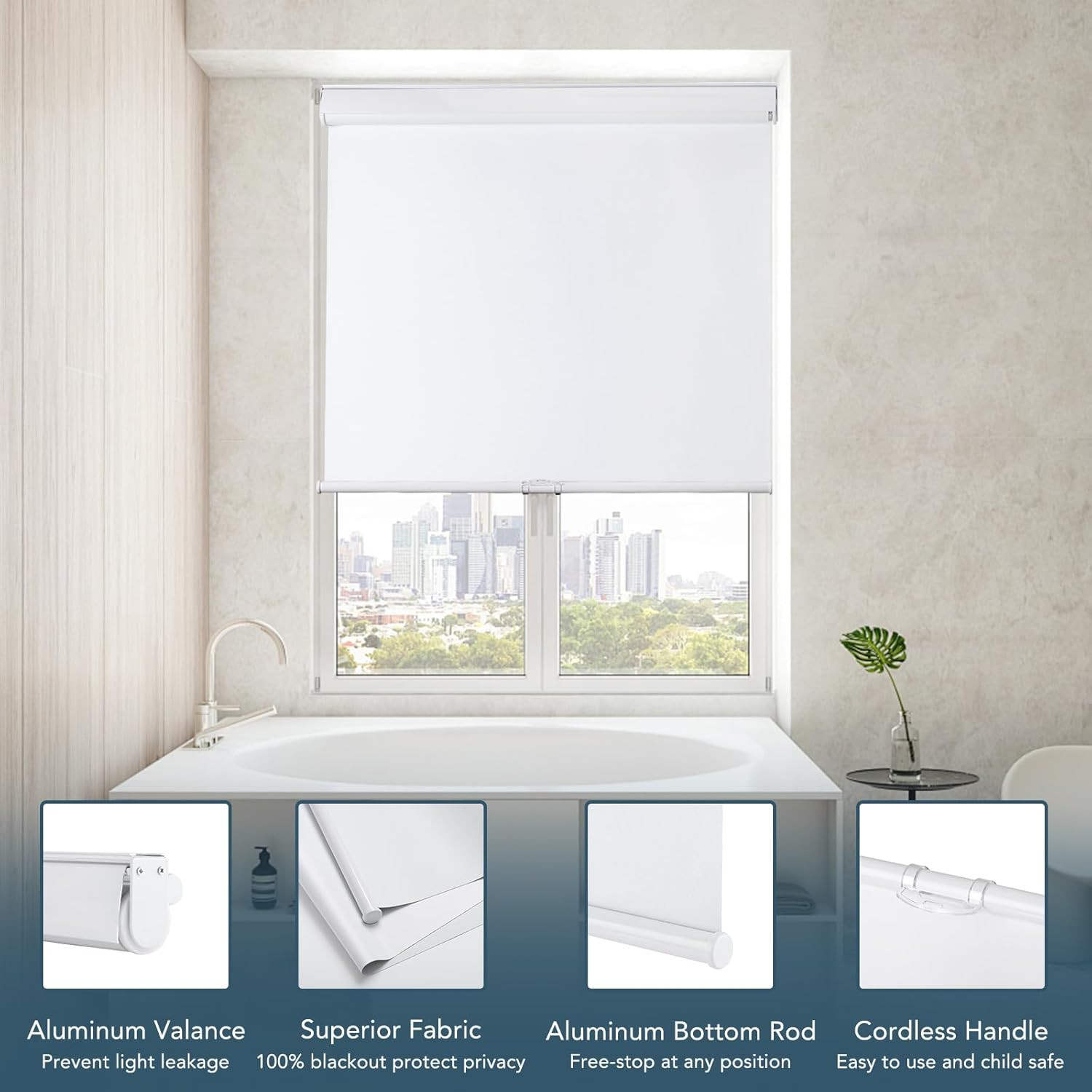 Cordless Blackout Roller Shades, UV Protection, Thermal Insulated, White 71.5″x7