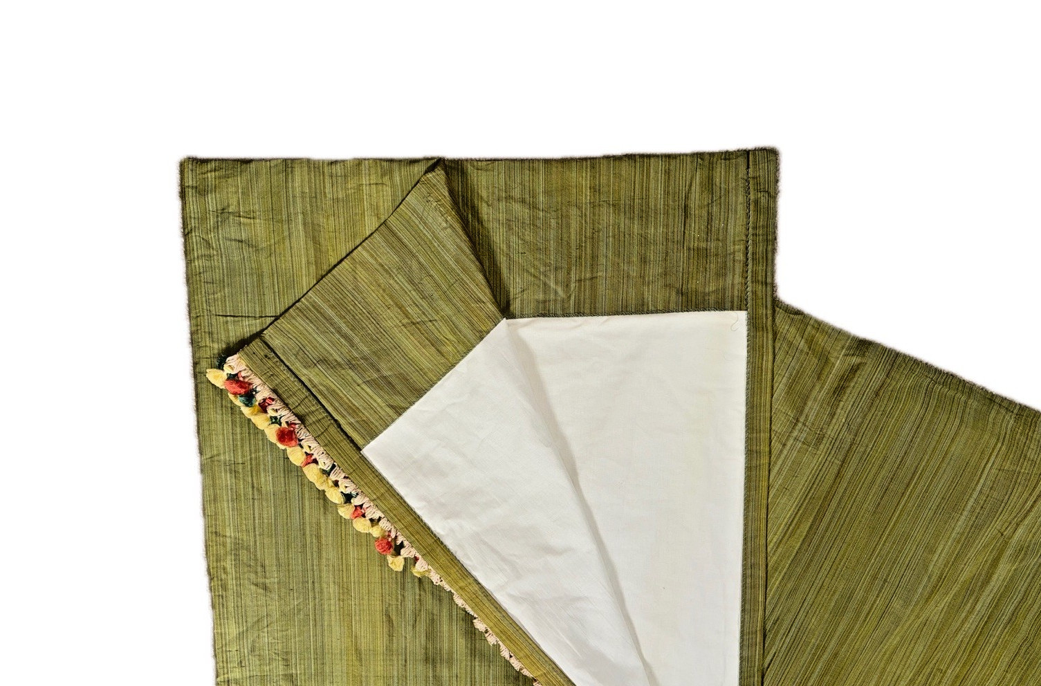 Single Stunning Silk Curtain Panel Green Double Lined 106 Long Poms Border Trim