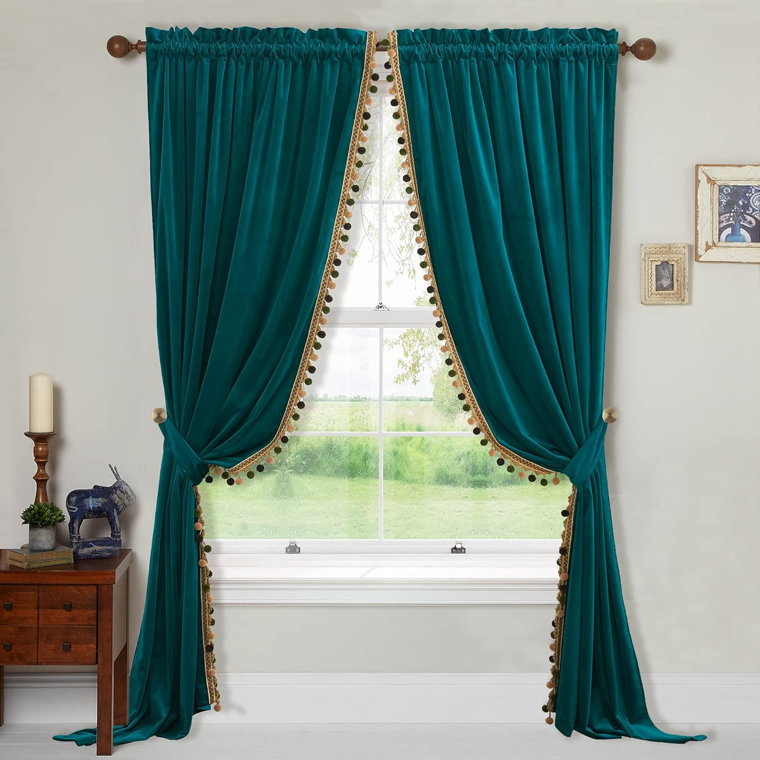 Teal Velvet Curtains 96″ with Pom Poms – Blackout Room Dividers, 2 Panels