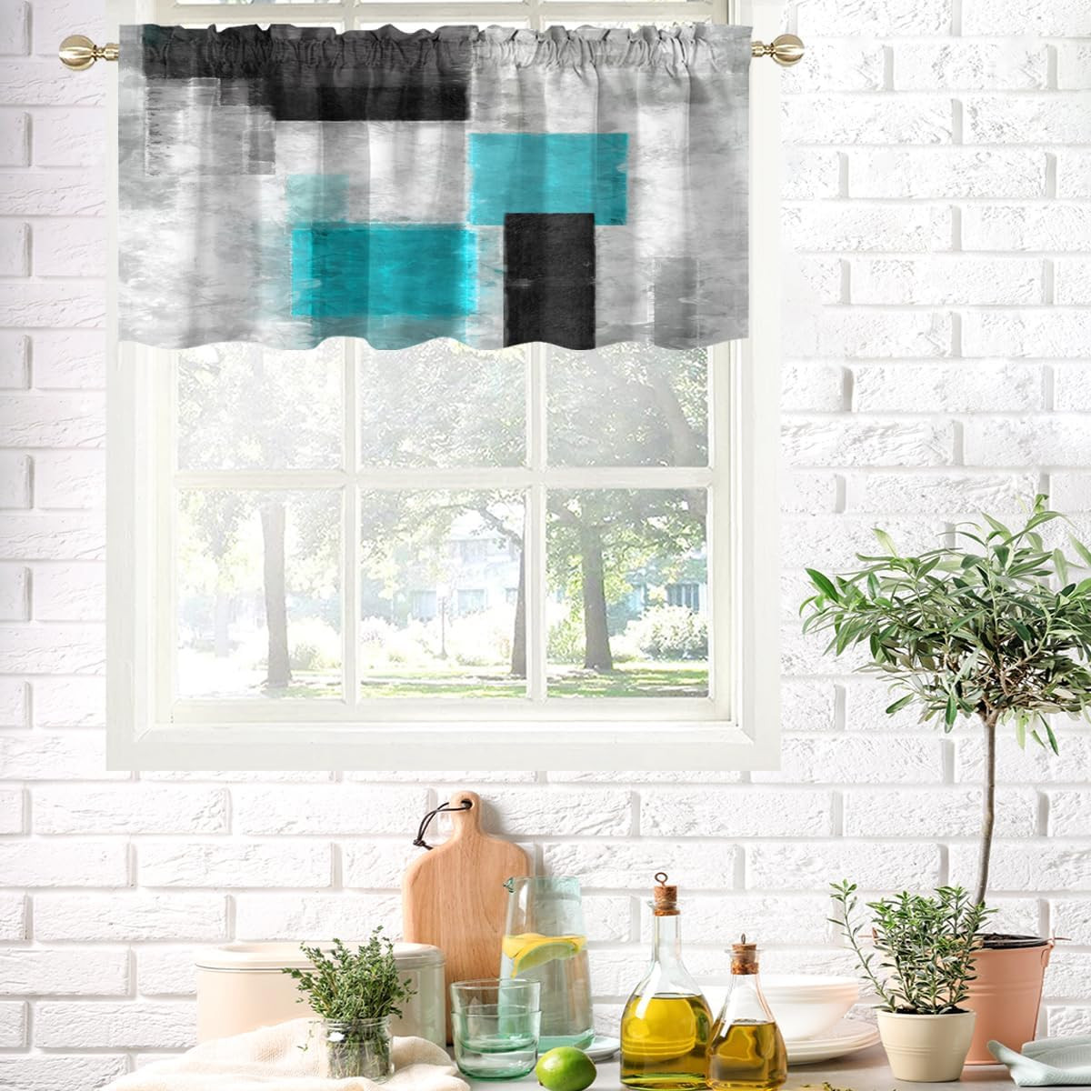 Teal Kitchen Valance Curtain for Window Black and White Modern Turquoise Aqua Gr
