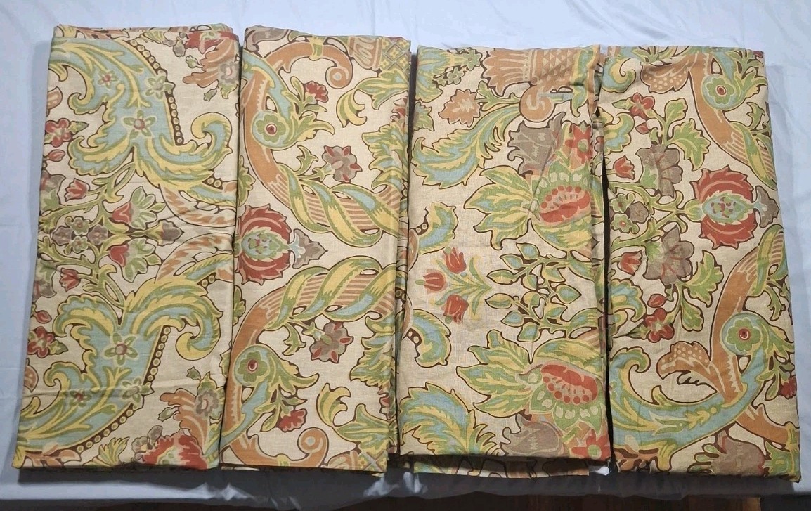 4) Pottery Barn 2010 Simone Tan Rust Paisley Linen Cotton Curtain Panels 50X84