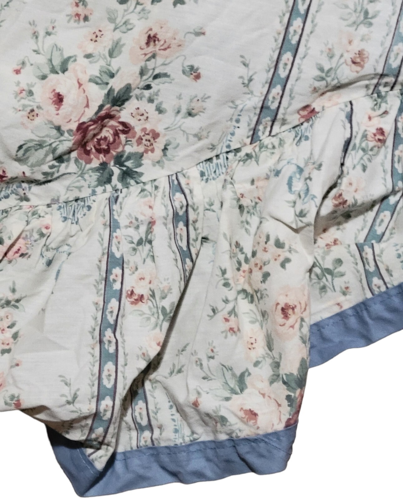 Floral Striped Ruffled Swooped Valance Solid Blue Hem 44x96in Grannycore